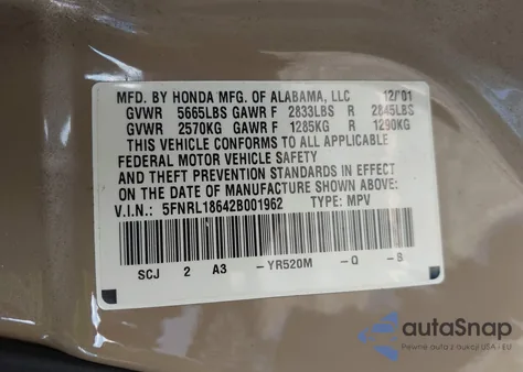 2002 Honda Odyssey Ex z USA, uszkodzony, nr VIN 5FNRL18642B001962
